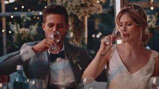 一对夫妇在婚礼上举杯互吻视频素材模板下载