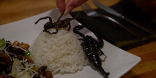 慢镜头女子在亚洲餐厅吃一盘蜘蛛和虫子