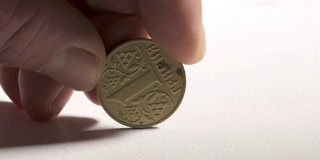 手拿1乌克兰格里夫纳硬币。乌克兰的货币。