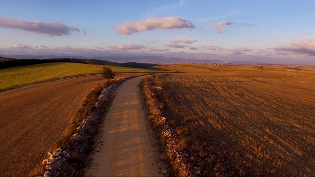 鸟瞰镜头飞行在美丽的乡村道路在日落的乡村景观。