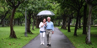 快乐的中国老年夫妇一起在雨中散步