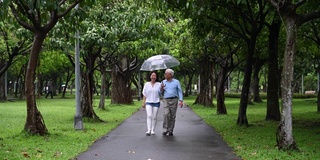 快乐的老年夫妇一起走在雨中