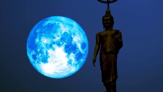 超级蓝满月移动在夜空和剪影佛视频素材模板下载