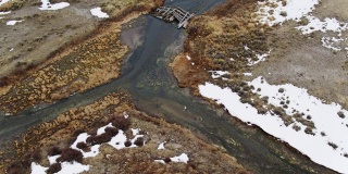 从上到下无人机拍摄的溪流蜿蜒穿过正在融化的草地
