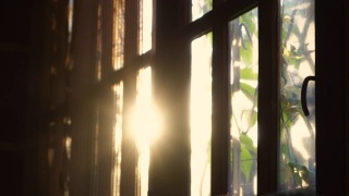 夕阳的光线透过百叶窗照在窗户上。视频素材模板下载
