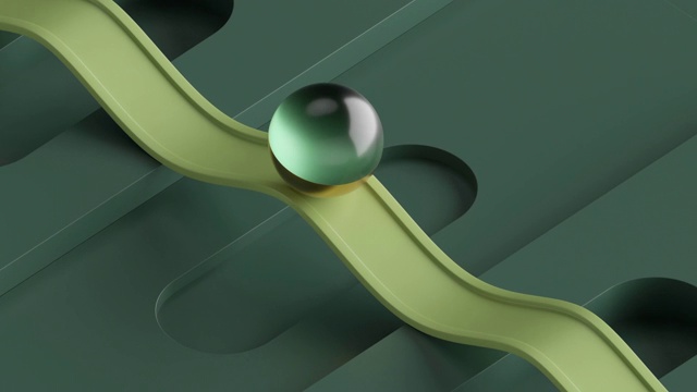 循环动画的3d绿色玻璃球滚动在波浪形的道路。计算机生成简单几何形状的无缝运动设计。重复运动。现场形象，现代最小动画海报。