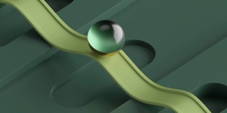 循环动画的3d绿色玻璃球滚动在波浪形的道路。计算机生成简单几何形状的无缝运动设计。重复运动。现场形象，现代最小动画海报。