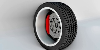 3D car wheel rotates on white background