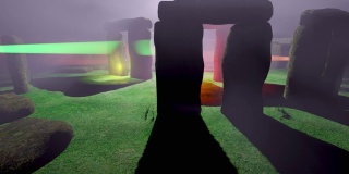 飞行和轨道巨石阵在雾与彩色聚光灯- 3D插图