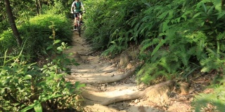女自行车手越野自行车在热带雨林慢动作