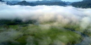 浓雾笼罩着山谷和天空中奇异的山脉