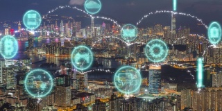4k分辨率智慧城市和数据连接，物联网图标超过现代香港城市和通信网络，信息通信网络