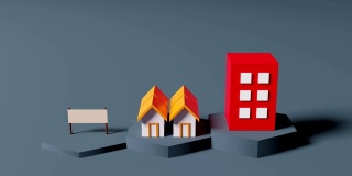 以蓝色六边形为背景，超高分辨率三维电脑生成的房地产投资理念、土地房屋、酒店模型的动画，每秒30帧