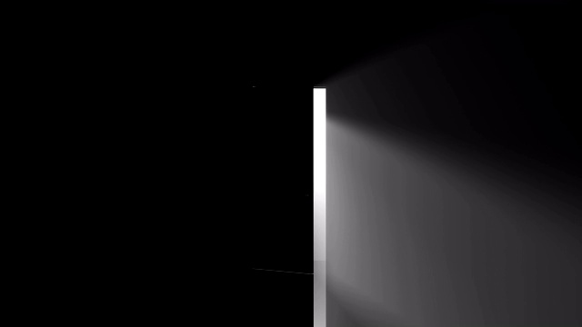 门打开在暗室逼真的动画。完全的黑暗变成炫目的聚光灯。黑暗到光明的过渡。阳光照在门口。希望与灵感的隐喻