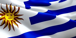 乌拉圭国旗运动循环视频在风中飘扬。现实的乌拉圭国旗背景。乌拉圭旗帜循环特写1080p全高清1920X1080镜头。乌拉圭南美国家国旗镜头视频电影，新闻