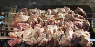 户外烧烤生肉。把新鲜的肉串放在木炭烤架上