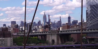 从布鲁克林桥上看纽约市的天际线和曼哈顿桥。金融中心的概念，现代商业城市，美国的城市生活。