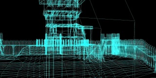 房子线框模型的动画- 3D渲染。