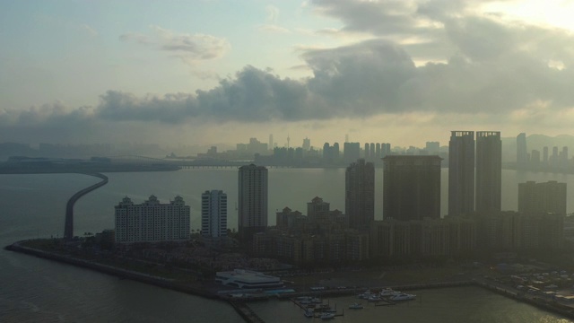 日落时分珠海城湾澳门港门大桥航拍全景4k中国