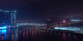 澳门湾交通大桥路夜假日烟花航拍4k中国全景