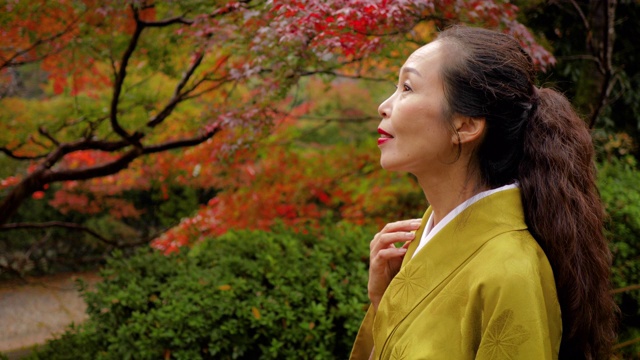 一名日本妇女走在日本京都的森林里