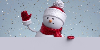3d雪人挥舞着手，望着窗外的墙，举着空白的横幅。黄金纸屑下降。新年快乐。圣诞快乐动画贺卡，拷贝空间。寒假的背景。1920 x1080高清