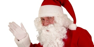 圣诞老人在白色的背景下，献上一块平板，然后送上一个吻，说再见