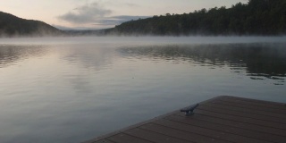 雾在乡村湖与码头，清晨，秋天