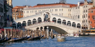 在意大利威尼斯里亚托桥前，POV乘坐水上巴士沿着繁忙的大运河航行