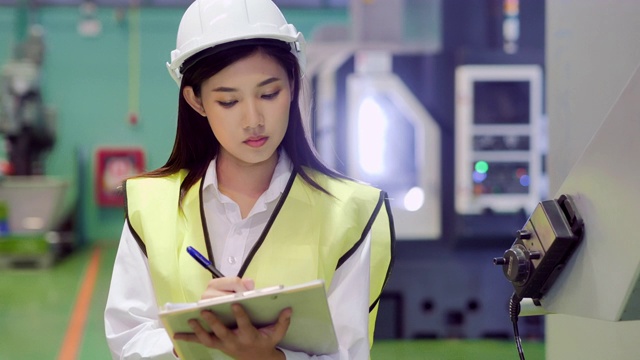 年轻的女工程师用平板电脑检查工业数控金属加工的工作过程。技术，工业，科学，创新，教育，工业4.0，妇女在STEM。自动化-大规模工业概念。蓝领工人