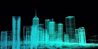 未来网络商务智慧城市和城市能源技术概念，霓虹色彩城市建筑模型，3D展示壁纸背景