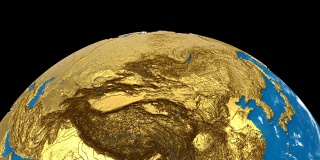 金色旋转地球行星孤立在黑色背景。旋转3d地球球体无缝循环动画。