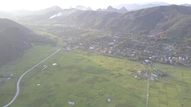 鸟瞰绿色花生田附近的高地小镇