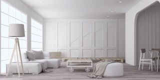 斯堪的纳维亚风格的白色起居室和卧室，木制家具和地板。三维渲染