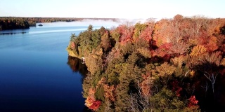 色彩缤纷的秋天森林和蓝色的湖，空中无人机的顶部视图
