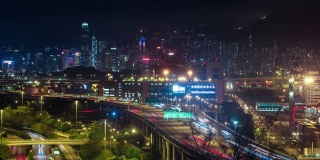 晚上香港市中心的城市天际线。车流的前灯
