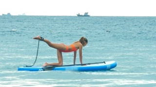 年轻女子摆好姿势，在海上的桨板上平衡猫视频素材模板下载