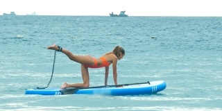 年轻女子摆好姿势，在海上的桨板上平衡猫