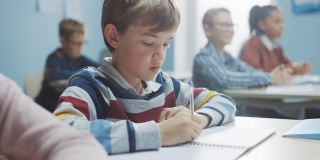 小学课堂:聪明的白人男孩在练习笔记本上写的肖像，参加考试和写作考试。多样化的聪明的孩子们努力工作和学习