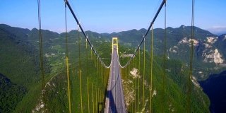 峡谷四渡河吊桥鸟瞰图，中国湖北。