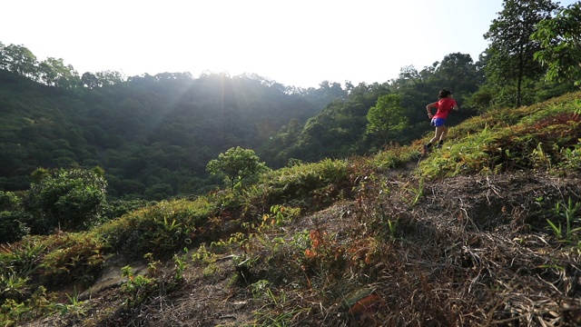 女子超级马拉松运动员在热带森林的山坡上奔跑