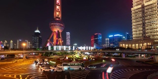 4K时间推移:中国上海陆家嘴明珠环岛人行天桥上的交通灯轨迹。倾斜向下拍摄的