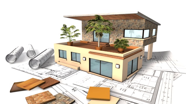 4K延时3d动画。住宅建筑展示了从图纸到屋顶安装的过程
