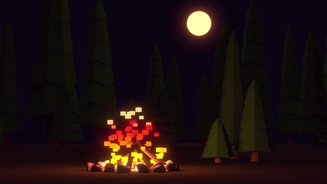 森林中篝火的低多边形动画。夜里松树附近着火了。月光洒在森林里。