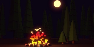 森林中篝火的低多边形动画。夜里松树附近着火了。月光洒在森林里。