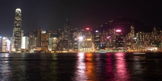 4K城市时间推移广角拍摄的摩天大楼城市景观商业建筑塔与灯光和水运船船通过海湾在晚上在中国香港的海湾。