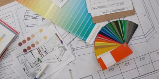 蓝图，颜色样本，铅笔颜色，草图，计划和文件的家庭装修