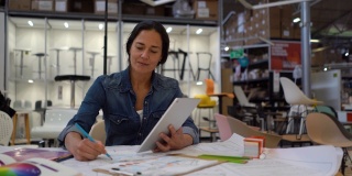女性成年室内设计师工作在不同的草图使用色板和平板电脑在一个家庭家具店微笑