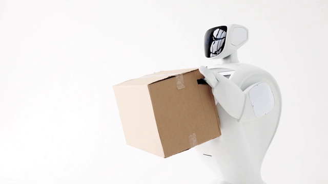 手持纸箱的人形自主机器人。今天控制论系统。现代机器人技术。白色背景