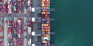 集装箱船在港口装载，航空俯视图集装箱船在全球范围内的业务进出口运输物流，延时